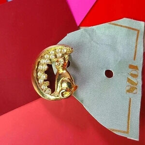 1928 Gold Gone Rhinestone Cat Sitting Under The Moon Brooch